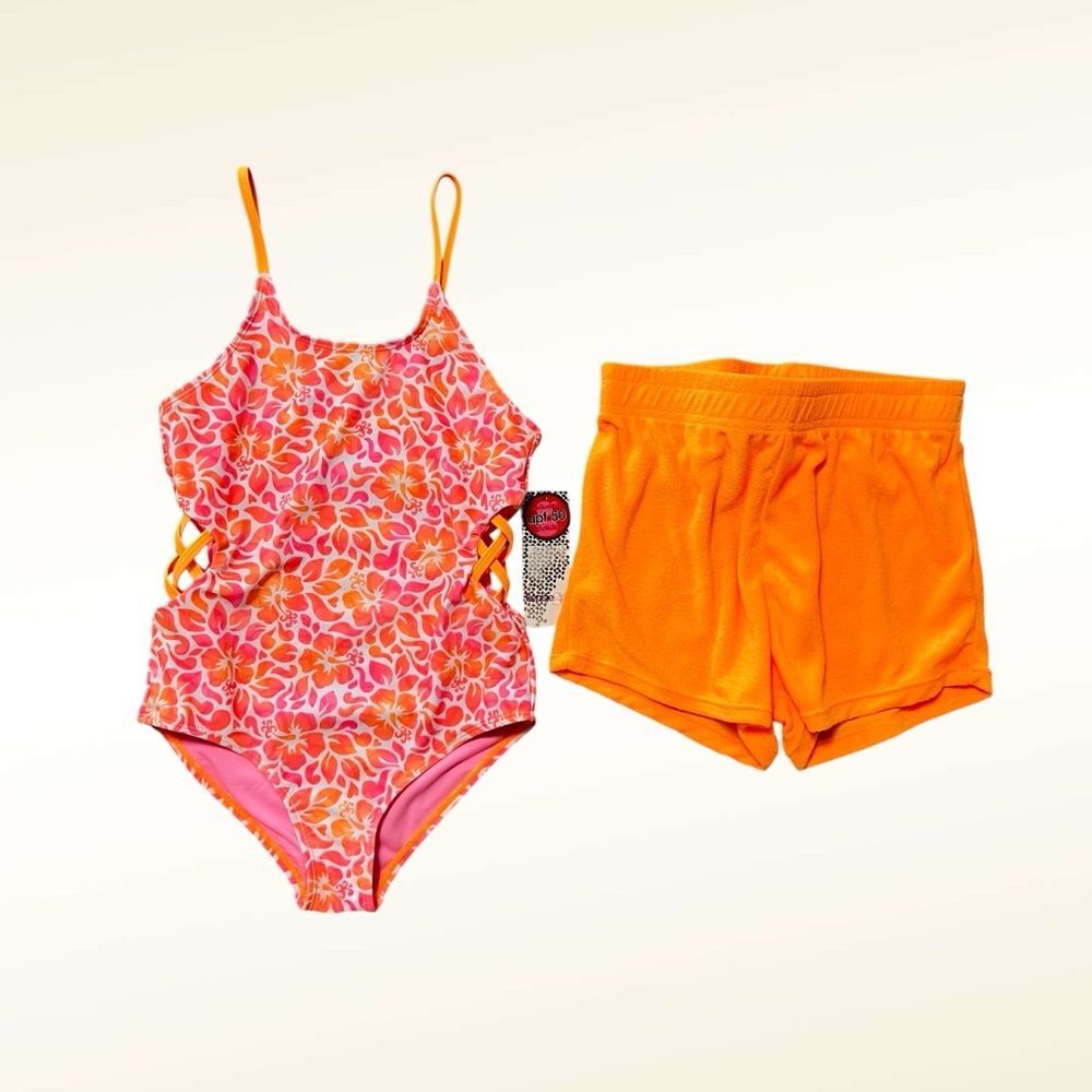 Kensie Girl One Piece Swimsuit Terrycloth Shorts Set NWT Size 10/12 Pink Orange